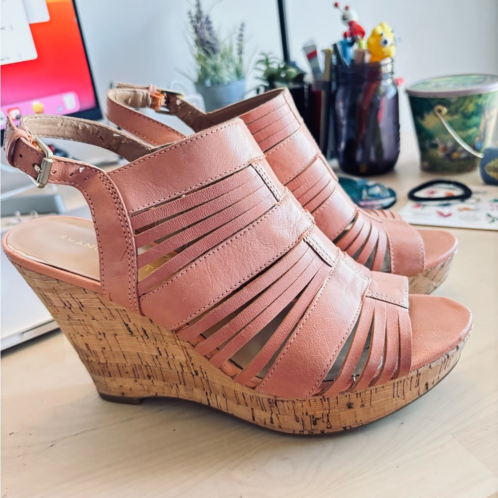 Franco Sarto "SHARP" Salmon Color Leather Cork Platform Wedge Heel 9M 4.5”